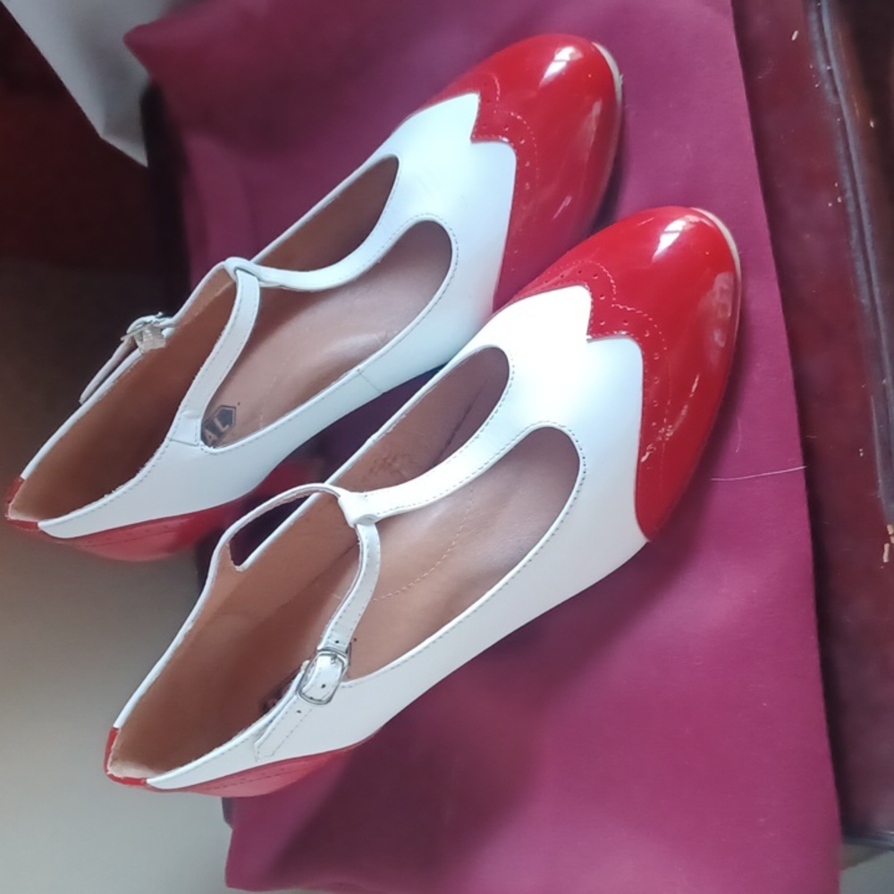 American Duchess Red and White T Strap Heels